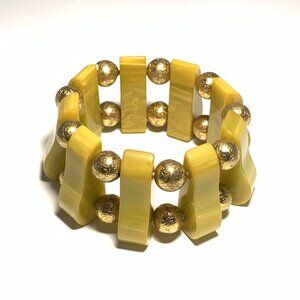 Rare Yellow/Green Bakelite Metal Bead Stretch Bracelet
